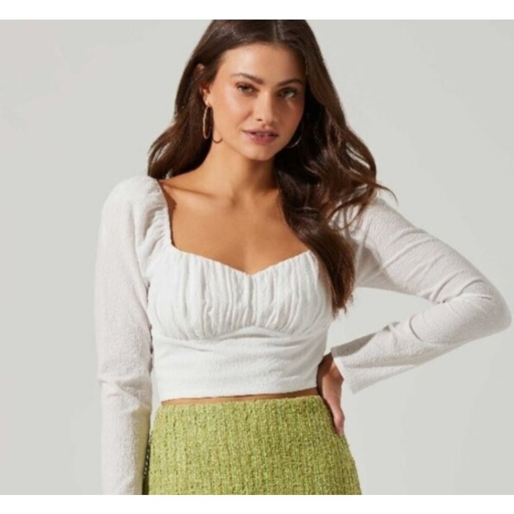 Astr White Smocked Long-Sleeve Cropped Blouse NWT